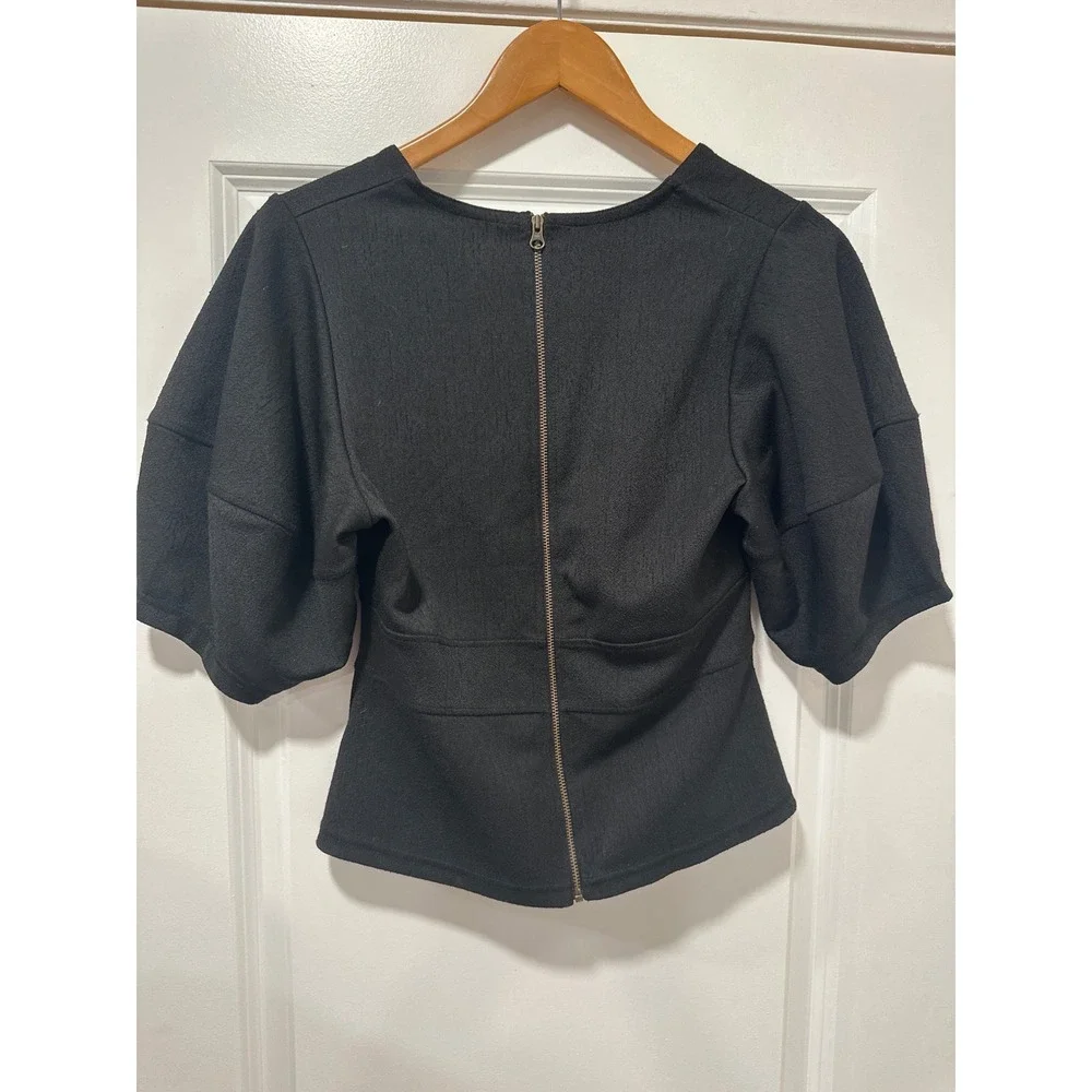Free People Black Puff Sleeve‎ Peplum Top V-Neck Zip Back Blouse Small